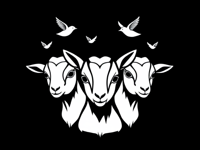 Draw a logo with three baby goats' faces and three honeyeater birds flying around them using a single line to draw