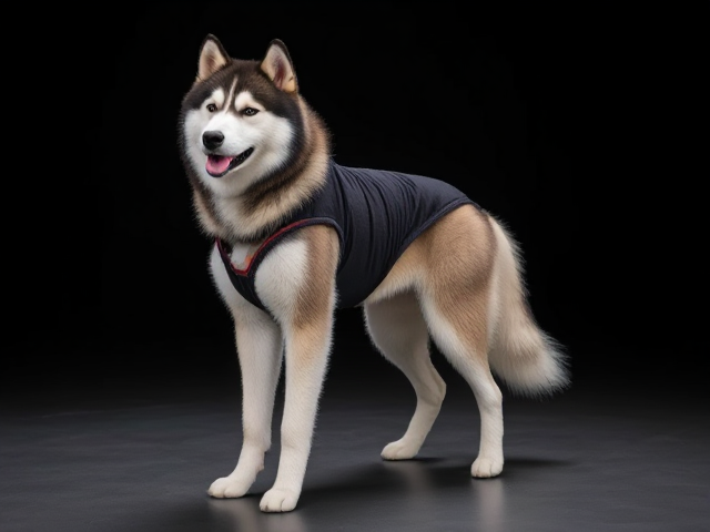 Anthropomorphic Alaskan malamute wearing a detailed high-cut leotard, standing in a dynamic pose, showcasing the texture of the fur and fabric, vibrant colors, well-lit scene