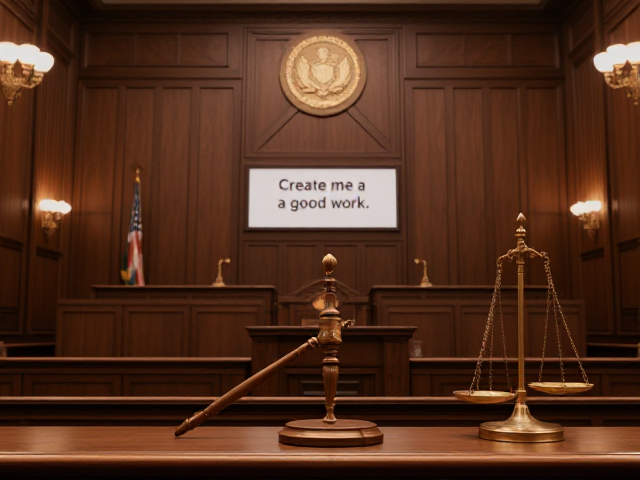 create me a good work message but the background has to have a courtroom and scale and the gavel