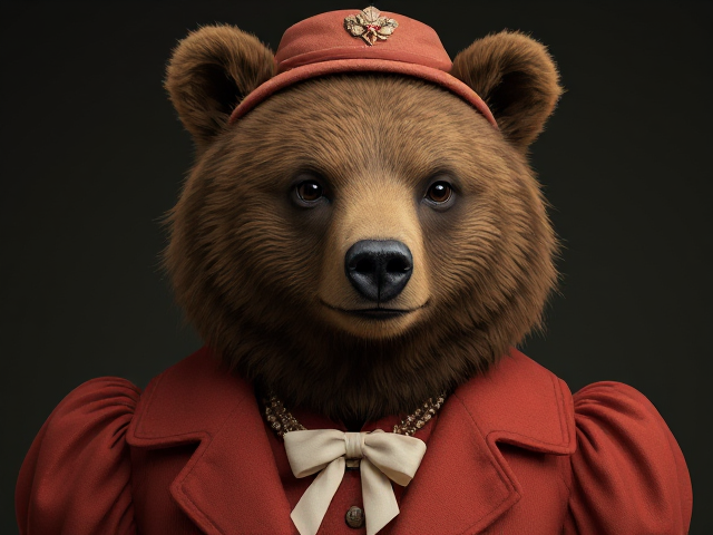 Image réaliste d'une ours habillé comme une femme des années 50'