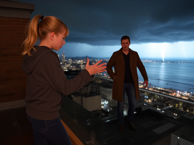 A petite 13-year-old girl with strawberry blonde hair in a ponytail, wearing a hooded pullover and jeans, is stepping onto the roof ledge of a night club. Next to her on the roof, behind her, is a modern-day, pale skinned vampire in his late twenties, with blonde hair, dressed in a brown trench coat and jeans. He appears uneasy as he looks at her. The girl gestures angrily at him, flailing her arms. A thunderstorm approaches the cityscape from the sea shore. Set at night.