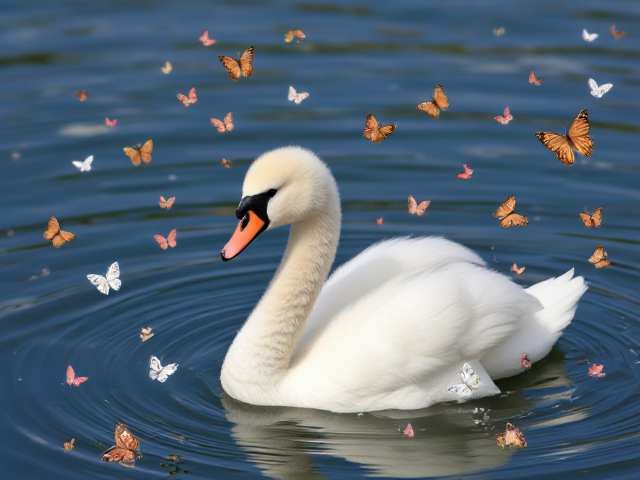 a baby swan with lots of butterflies
