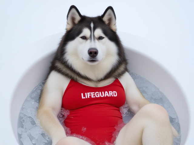 A anthropomorphic alaskan malamute wearing a red lifeguard one piece swimsuit sitting in a ice bath relaxing her sore muscles