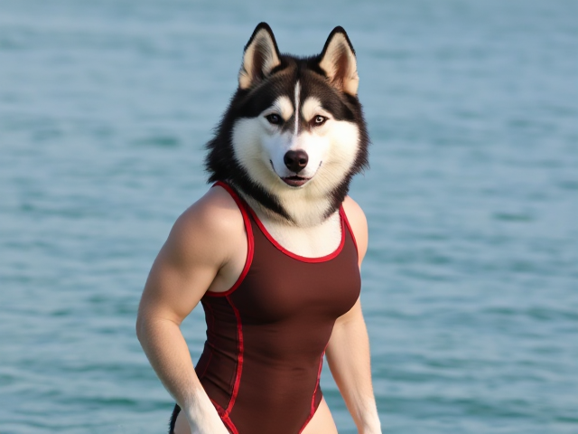 A anthropomorphic Siberian husky wearing a sport swimsuit