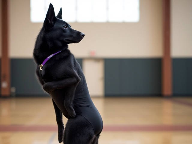 Anthropomorphic black German shepherd wearing a gymnastics leotard, posing with emphasis on its hips in a gymnasium setting, detailed and vibrant colors