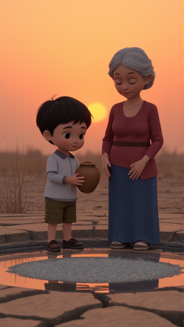 A young cartoon boy holding a small urn beside an elderly cartoon woman, both facing a dry cracked pond, soft wind blowing, orange-pink sunset sky, ashes turning into gentle sparkles, quiet AI illusion environment with emotional cartoon character design, smooth outlines, misty distant background, 9:16