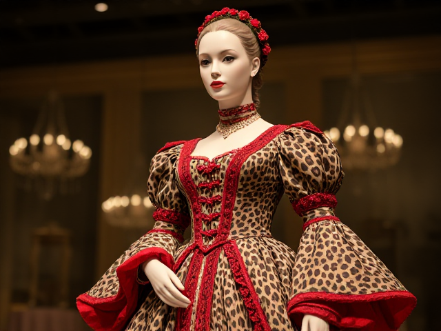 Mannequin with a cheetah print royal mid 1700s style gown with red accents, and floral accents full body