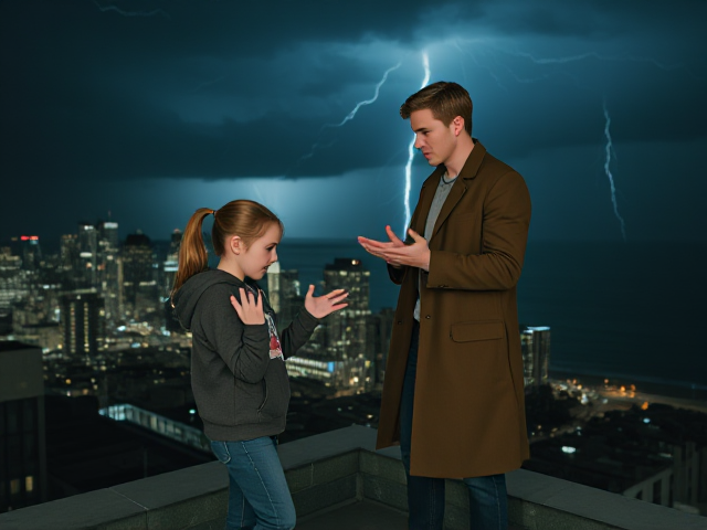 A petite 13-year-old girl with strawberry blonde hair in a ponytail, wearing a hooded pullover and jeans, is standing on the roof ledge of a night club. Next to her on the roof, standing nearby is a modern-day, pale skinned vampire in his late twenties, with blonde hair, dressed in a brown trench coat and jeans. He appears uneasy as he looks at her, holding his hands out and palms up, taking a step back. The girl gestures angrily at him with her hands, flailing her arms and scowling angrily at him in frustration. A thunderstorm approaches the cityscape from the sea shore. Set at night. The girl has a cut in her forehead.