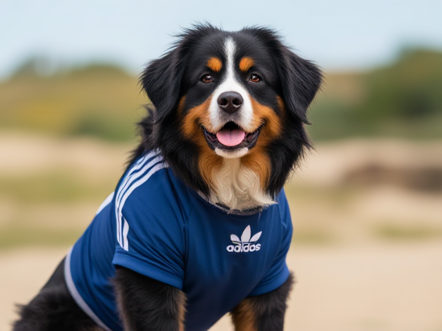 A anthropomorphic Bernese mountain dog wearing an adidas swimsuit