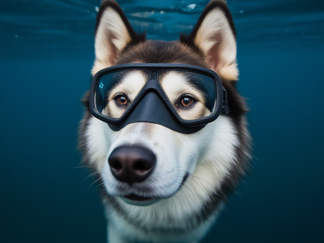 An Alaskan malamute wearing Freediving goggles