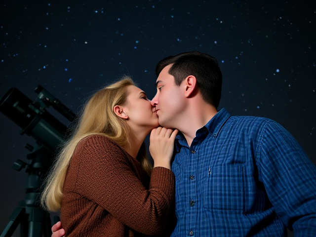 Show an image of a blonde 40 year old woman kissing a taller man beside a telescope with stars overhead. The man is 61 with dark hair and is clean shaven