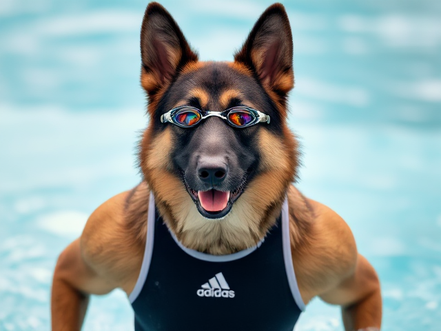 A anthropomorphic German shepherd wearing an adidas swimsuit and swimming goggles