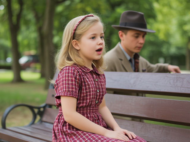 young blonde girl age 8 sitting on park bench singing, wearing vintage 1940 clothing, sideview, with young man vintage clothing appraoching from behind her