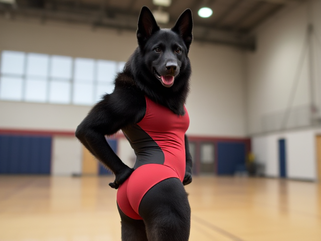 Anthropomorphic black German shepherd wearing a gymnastics leotard, posing with emphasis on its hips in a gymnasium setting, detailed and vibrant colors
