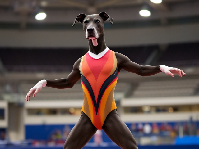 Anthropomorphic Great Dane wearing a colorful gymnastics leotard, showcasing flexibility and elegance in a dynamic pose, with a vivid background of a gymnastics arena