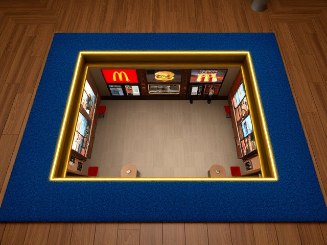 A high-quality, realistic background image featuring an underground McDonald's restaurant, revealed by lifting a square section of the wooden floor with a blue carpet on top. The wooden floor section is perfectly lifted, showing a bright McDonald's beneath. The lifted floor section should be square, cleanly revealing the hidden restaurant below while leaving the blue carpet intact on top of the raised portion.

The underground McDonald's should have the iconic red and yellow colors, with large McDonald's logos on the walls and the floor. Inside, there should be typical fast-food elements like a counter displaying burgers, fries, and drinks, with digital menu boards above. The seating area should have red chairs and small square tables, as seen in fast-food restaurants.

Neon-like yellow lights should run around the edges of the underground section, making the scene glow. The angle should be slightly top-down, giving a clear view of the raised wooden floor, the open hatch, and the underground restaurant interior below. The perspective should focus on showing the floor hatch clearly and the restaurant layout inside."