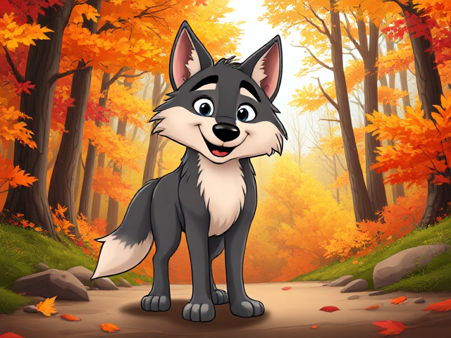 cartoon-style wolf standing in a vibrant autumn forest with colorful falling leaves, sunlight filtering through the trees, and a playful expression on the wolf's face