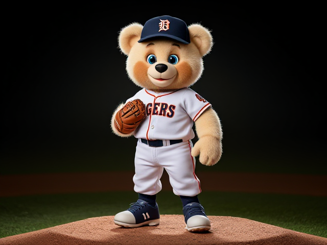 An athletic human teddy bear light coconut creme colored fur blue eyes wearing a tigers uniform navy hat with a tiger logo white jersey white baseball pants with navy orange piping down the sides navy socks navy cleats smiling wearing a navy baseball glove on his left hand standing on a pitchers mound