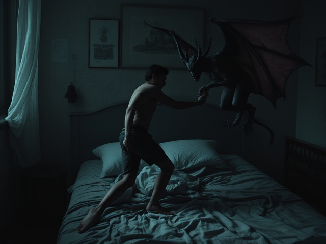 Essence of a young man with insomnia and anxiety, locked in an eternal symbolic dance with a metaphysical devil. The devil subtly pulls him toward madness, embodying his struggle with insomnia. Highlight the insomniac's weary appearance in a jaded bedroom setting, enveloped in darkness with abstract elements. Focus on the internal battle, where the devil is a representation of his relentless insomnia, not truly existing in reality but symbolizing the young man's desire to overcome it