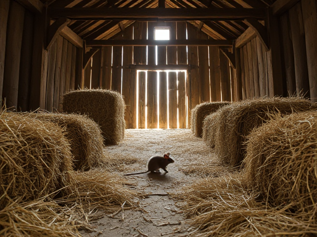 Mouse in a rustic barn, surrounded by hay bales and wooden beams, with sunlight filtering through cracks in the walls, detailed textures