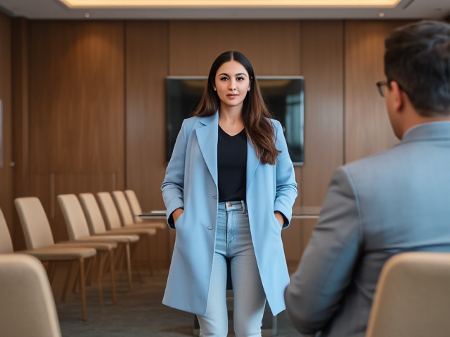 Brunette wearing a light blue coat and light blue jeans alone in a hotel conference room meeting with a strange businessman