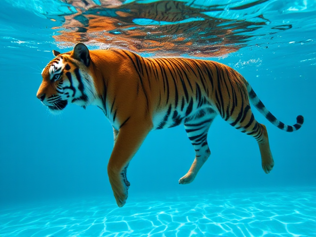 Anthropomorphic tiger in a sleek swimsuit gracefully walking underwater in a crystal-clear pool, surrounded by gentle ripples and rays of sunlight filtering through the water