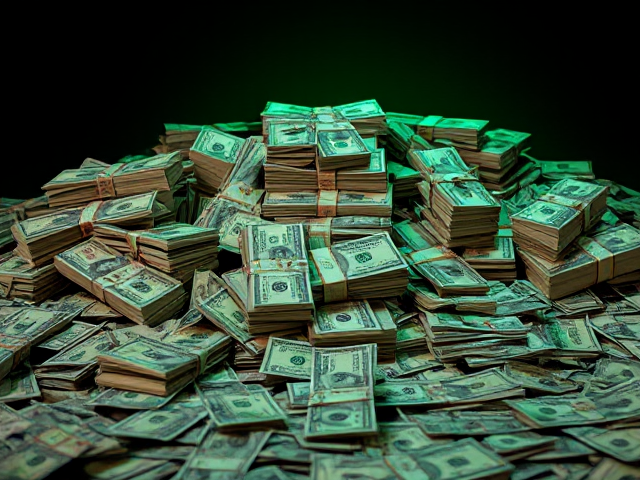 Create a realistic scene featuring  piles of money arranged randomly,   scattered loose bills.  piles should include stacks of U.S. dollar bills tied with bank straps,  spread out, adding a natural look. The money should appear glossy and detailed, with the texture and shine of authentic paper currency. The background should be dark, with a subtle green glow emanating around the piles, giving the image a rich and dynamic feel. Ensure the lighting enhances the depth and detail of the money, casting soft shadows to make it visually immersive.