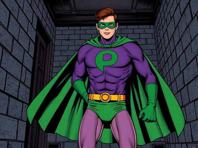 Dramatic Comic Book scene: A young, Autistic 25-year old boy with light skin and flat, smooth, and slick brown hair with a singular curled bang in the shape of a P sticking out at the front named T.J. Granger, but transformed into a genetically-altered superhero named Powerman, who, despite still being a young adult kid, has an extremely muscular body. He wears a sleek purple bodysuit with a green P symbol on his chest, a golden belt with a circular buckle, green briefs, green boots, green long-cuffed gloves, a really big, toe-length long, ultra-wide green cape wreathed around his neck, and a green eye mask that protects his true identity and also causes his pupils to magically disappear as his eyes glow an eerie white. He also has incredible and invincible superpowers flowing through his veins. In this scene, Powerman is currently standing in the basement of his house, searching for the source of the mysterious sound that his Super Hearing had detected.