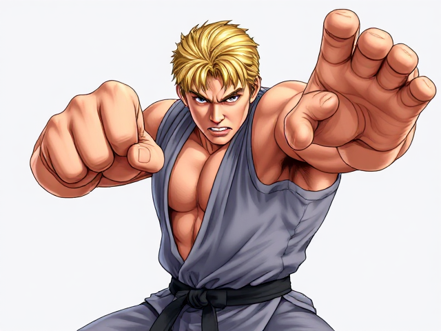 Ken masters de Street Fighter entrain de donner un coup de poing, avec une expression combative sur le visage. La pose doit être dynamique