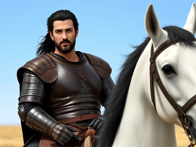 Anime art, a Mediterranean white man with soft black hair, thick eyebrows, and hazel eyes. He has a short beard and a V-shaped body. He's wearing medieval leather armor, and riding a white horse, set in an open field surrounded by a clear blue sky.