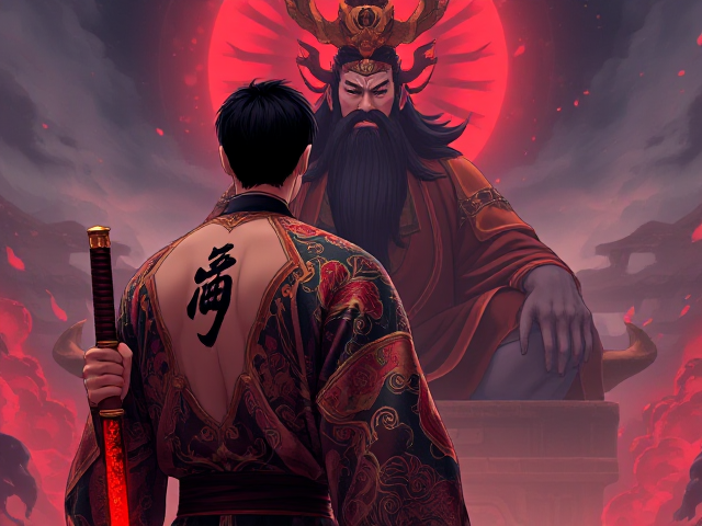 A man with short black hair holds a magical glowing red and black Chinese-style straight short katana in his right hand. He wears intricately designed traditional Chinese mythology clothing, featuring elaborate patterns and vibrant colors. A distinct black tattoo of a Chinese symbol is on the back left side of his neck. He stands facing away, gazing at the towering figure of Shangdi, the supreme god with long flowing black hair and a thick long black beard, who sits cross-legged before him. The scene is illustrated in a detailed and vibrant anime style with dynamic lighting and vivid contrasts.