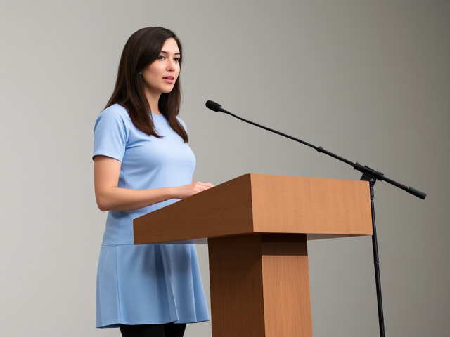 Brunette female , wearing a light blue t-shirt and skirt of the same shade, black leggings,   speaking at a podium full body view
