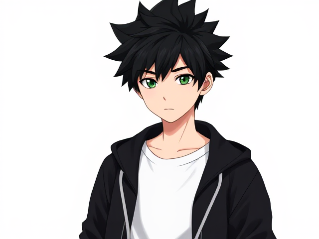 My hero academia inspired styled OC. Black spikey hair. Around 14. Wears a white T-shirt with a black jacket. 3/4 view. Green or grey eyes. Full head in view. Half body shot.