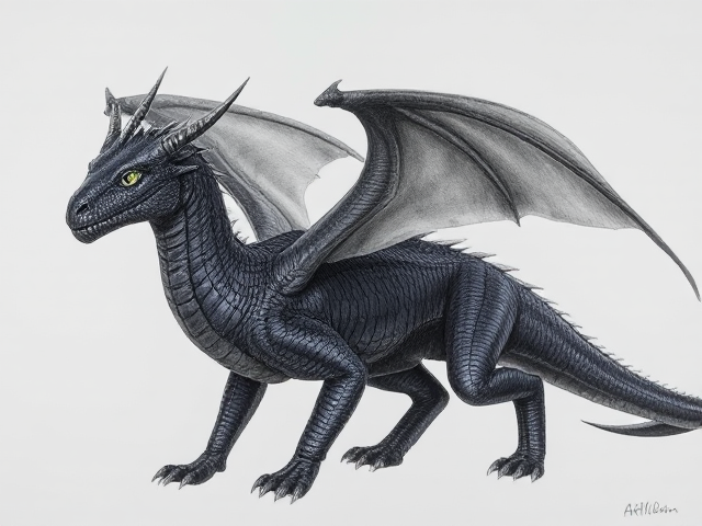 Young Female dragon with dark, midnight blue scales and huge obsidian black wings; obsidian black underbelly and clawed feet. She has small spikes that align from her head horns down to her back jaw. Her eyes are venom green. Narrow, beautiful face and an elegantly long neck. Has small ears like a horse. Powerfully built with taut muscles under her scales. She moves purposefully and proudly; has an expression of maturity and seriousness in her face