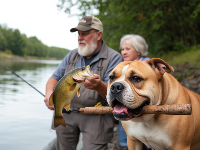 Give me a photo with a grandpa holding a bass fish on a fishing rod looking at the river with a older woman near him with a American bulldog with a big stick in his mouth