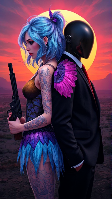 A hyperrealistic pop digital artwork masterfully blending watercolor, alcohol ink, oil painting, and colored pencil in the signature style of Eve. The scene unfolds in a desolate, radioactive landscape bathed in an eerie, vibrant glow. Two striking figures stand back-to-back in perfect symmetry, their side profiles radiating power and mystery. One figure is a mesmerizing fairy with cascading hair in hypnotic shades of baby blue, purple, and rose. Her ethereal beauty is contrasted by bold cyberpunk graffiti-inspired attire—layers of intricate, futuristic patterns and textures that shimmer under the harsh light. Her wings, faintly visible, appear almost holographic, flickering at the edges. In her hand, she holds a sleek, futuristic gun, the barrel reflecting the ambient light of the wasteland. Beside her, the second figure is a faceless man in a sharply tailored black suit and a striking red tie. Instead of a head,