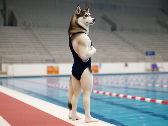 A ((anthropomorphic)) Siberian husky Olympic swimmer wearing a one piece swimsuit standing on the pool deck
