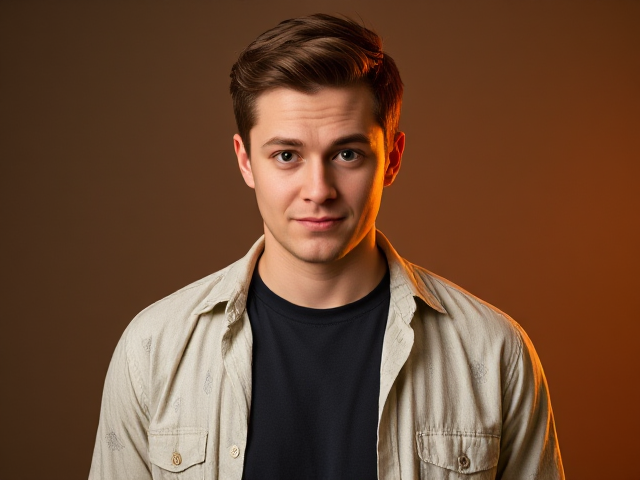 He should have a disgusted or confused expression—slightly raised eyebrows and an awkward smile—as he looks directly at the viewer. Style him in a light-colored casual shirt with patterns layered over a dark t-shirt. Add a bright orange glow on the right side of his figure to highlight him as the main subject. Position him slightly larger till the waist complete