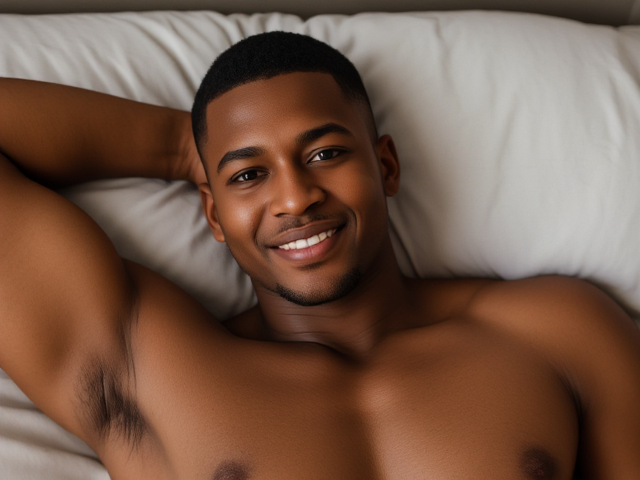 Wide shot of actor Aaron Pierre is lounging in bed. We see his muscular chest. Aaron Pierre is known for his striking features. He has a well-defined jawline, deep-set eyes, and a warm smile. His skin tone is a rich brown, and he often sports a closely cropped hairstyle, sometimes with natural curls. He has a tall and athletic build, which adds to his presence on screen. Overall, he exudes a confident and charismatic aura. Aaron Pierre has a distinctive oval-shaped face with strong cheekbones that give him a defined look. His deep-set eyes are dark and expressive, often conveying a range of emotions. He has well-groomed eyebrows that enhance his features. His nose is straight and proportionate to his face, and he typically has a subtle, relaxed smile that adds warmth to his appearance. Overall, his facial structure and features contribute to his striking and memorable look
