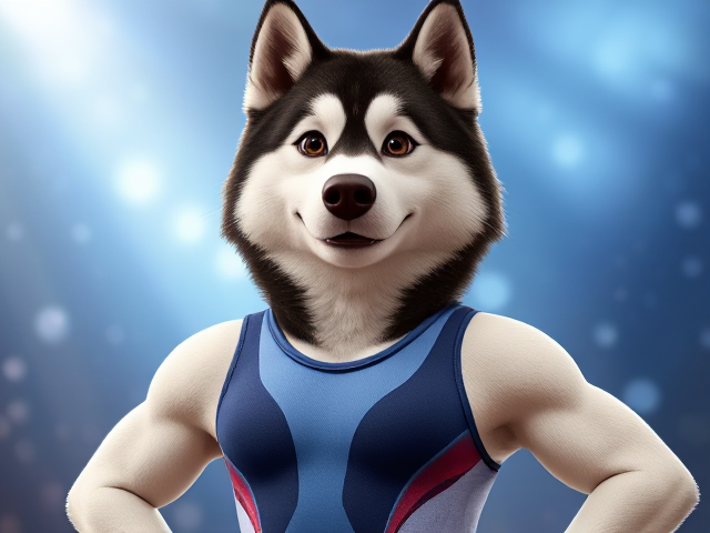 A Alaskan malamute Olympic gymnast with broad shoulders wearing a leotard
