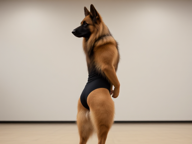 A anthropomorphic long haired German shepherd with large hips stands tall wearing a gymnastics leotard in a gymnasium