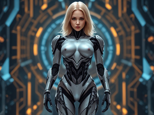futuristic female robot, intricate design, cybernetic details, sleek and elegant, glowing elements, advanced technology background, head, blonde, torso legs, skirt, human looking