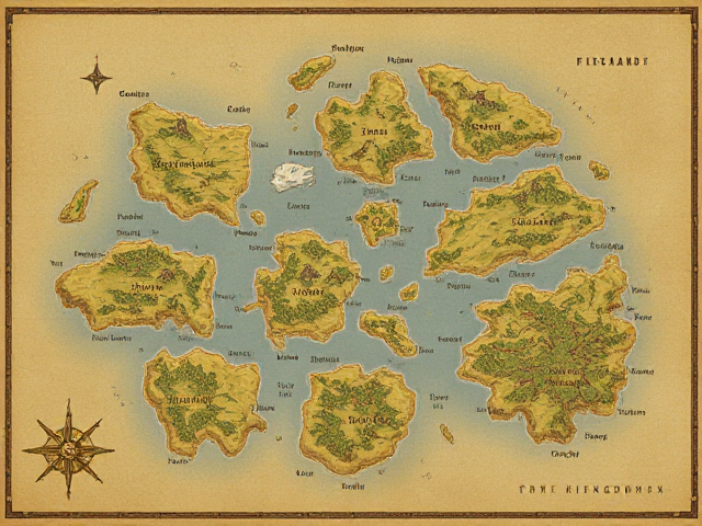 A flat fantasy map on a paper of a lot of big and small islands with fantasy writing names that you can’t even read and kingdoms, anime