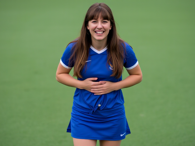 Middle aged women’s field hockey player with long brown hair and bangs. She is wearing a blue uniform with white knee high socks with knee pads, and is holding her stomach while laughing hysterically.  Her full body is visible from head to toe.