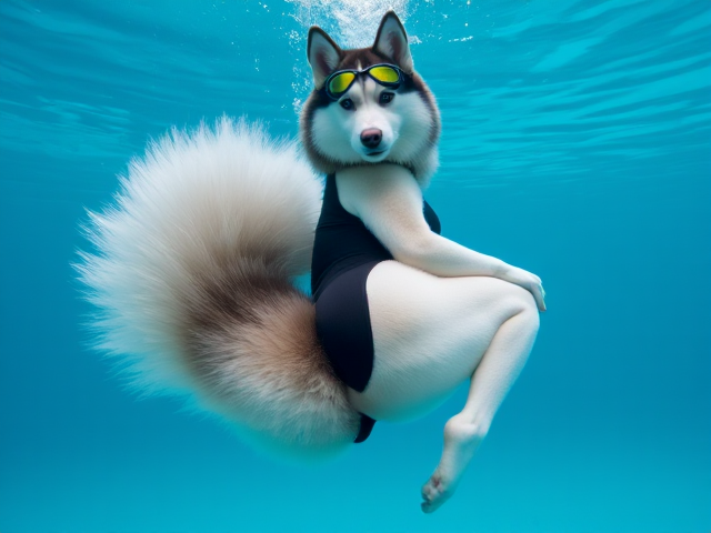 A anthropomorphic Siberian Husky wearing a neoprene swimsuit and goggles showing off her tail and hips underwater