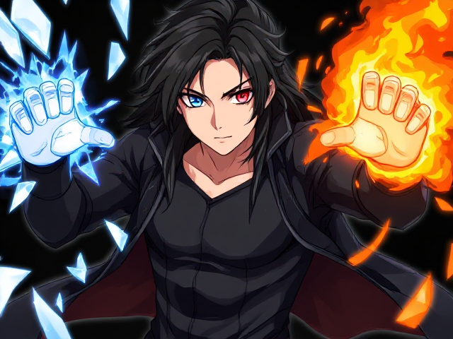 Young adult male with long black hair to medium, wearing sleek futuristic style clothing. He displays special powers: his right arm is projecting icy shards while his left arm emits fiery flames. His eyes are distinct, with the left eye being a vivid blue and the right eye a striking red. Anime style, highly detailed and dynamic action pose