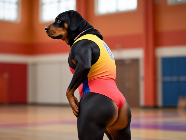 Anthropomorphic Rottweiler wearing a colorful gymnastics leotard, emphasizing its strong hips, in a vibrant gymnasium setting