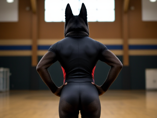 Anthropomorphic black German shepherd wearing a gymnastics leotard, posing with emphasis on its hips in a gymnasium setting, detailed and vibrant colors