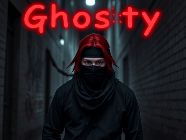 A red-haired ninja ghost wearing a black bandana, standing in an alleyway with glowing red text above him that reads: Ghosty