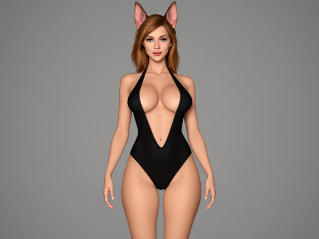 A tall anthropomorphic female German shepherd with a long torso and arms, short legs and broad shoulders wearing a high cut one piece swimsuit